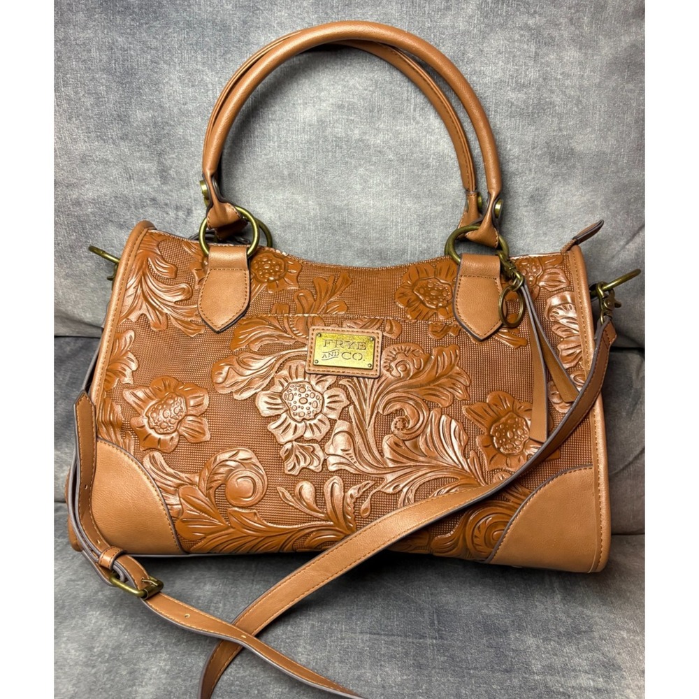 Frye Brown Tooled Leather Satchel with Floral Embossing